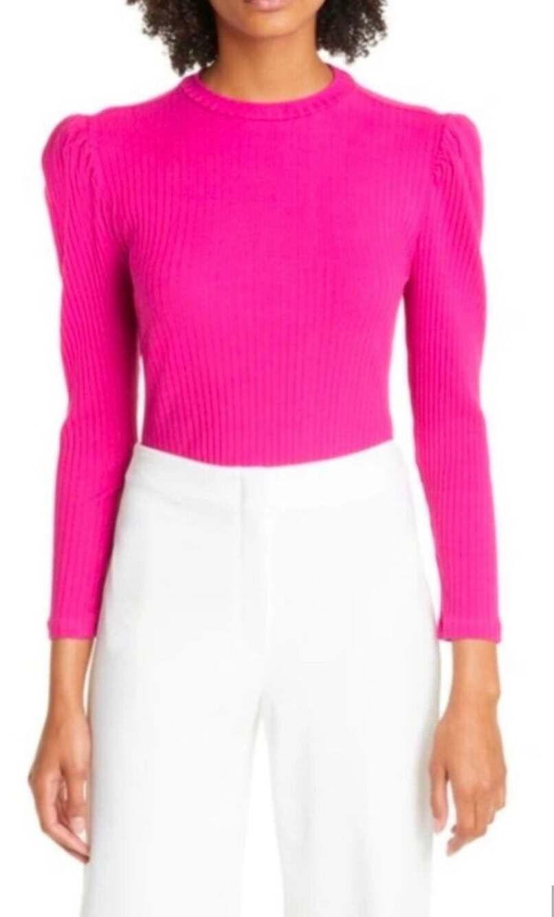 Farm Rio Pink Ribbed Bodysuit with Puff Sleeves, Size XS